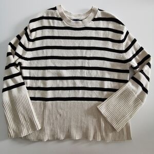 Gap 100% Cotton Cream And Black Striped Knit Crew Neck Sweater Oversized Fit
